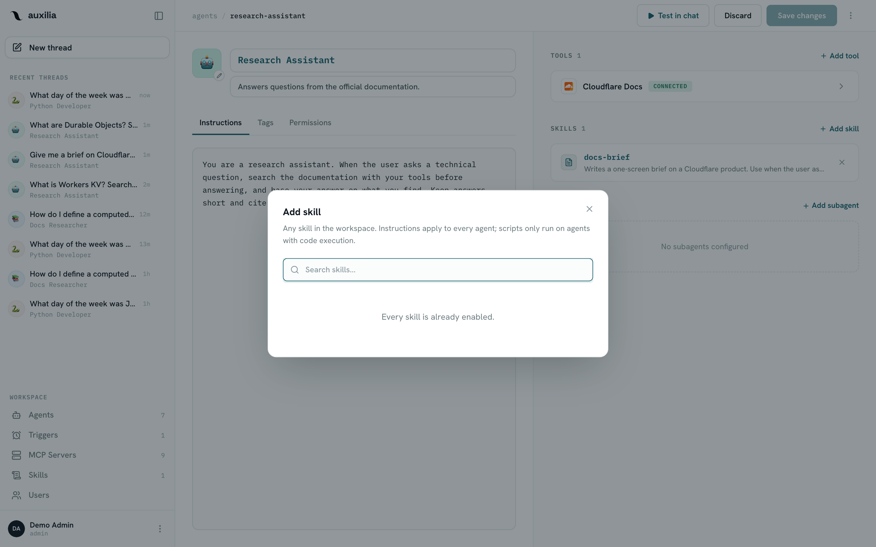 Skills activées sur un agent