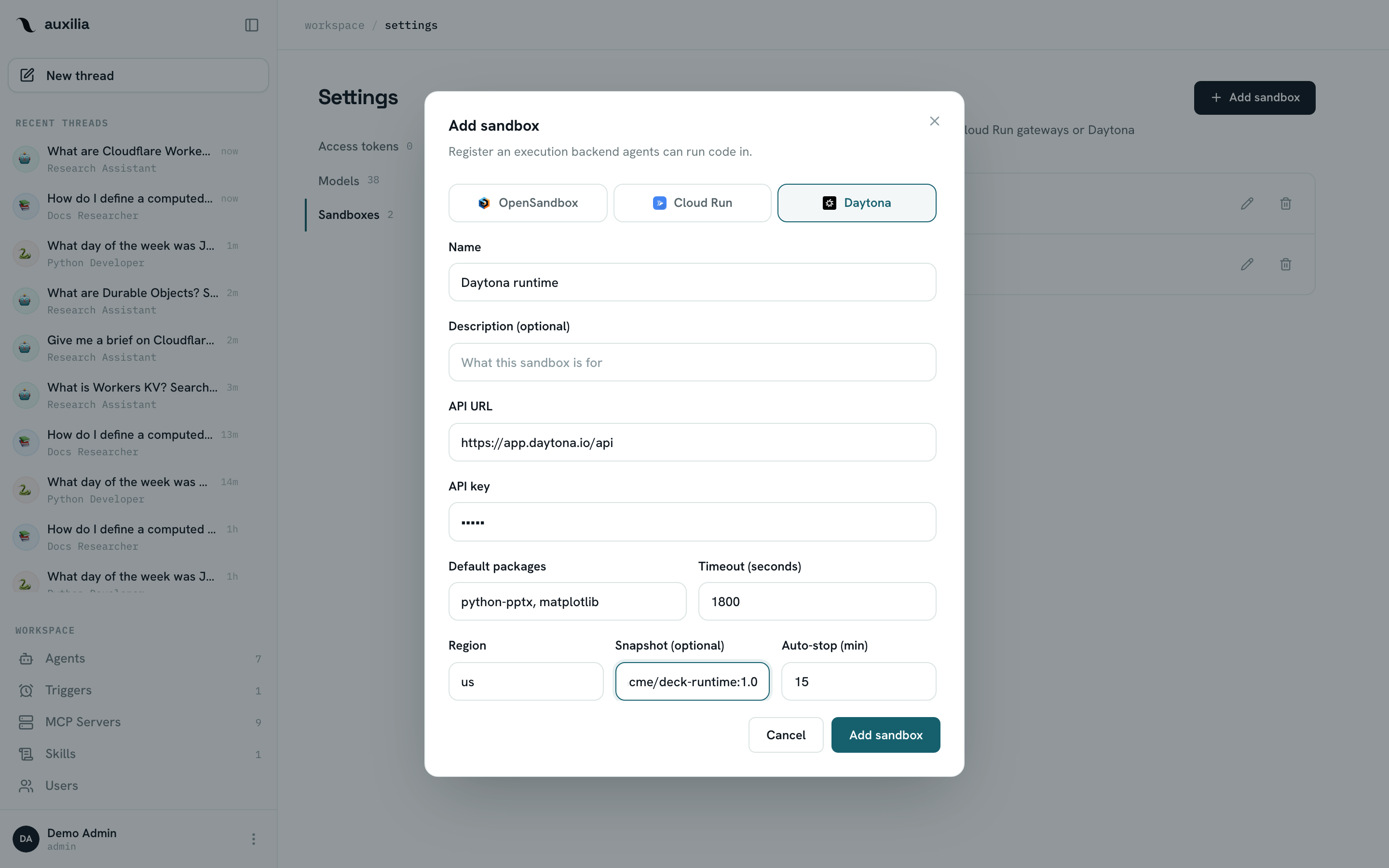 Sandbox dialog — Daytona
