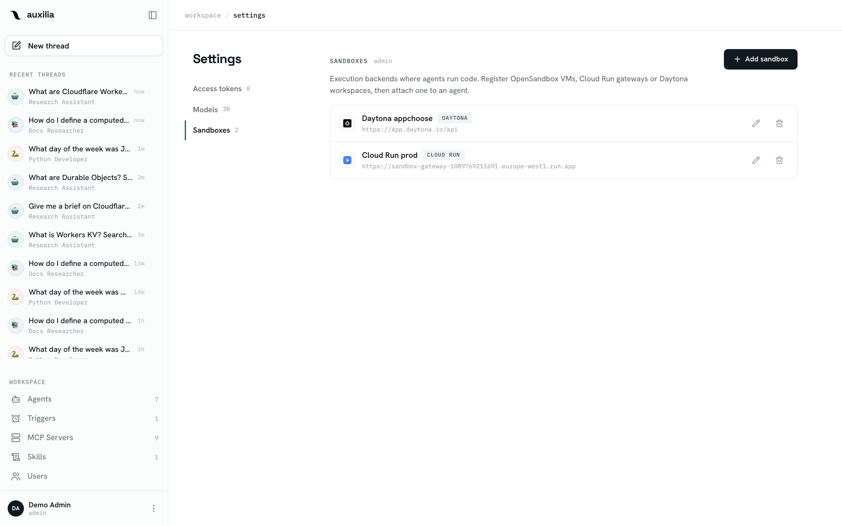 Settings → Sandboxes