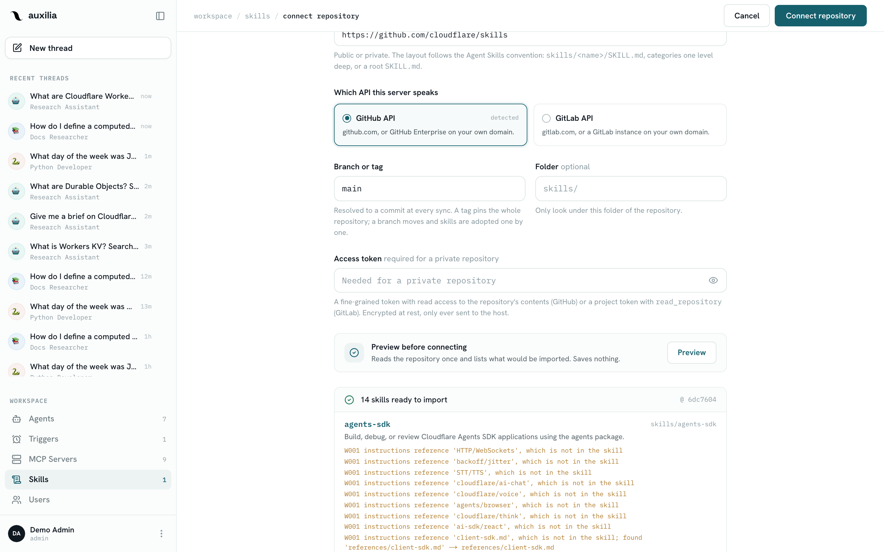 Connecting a skills repository — the preview lists the skills it would import